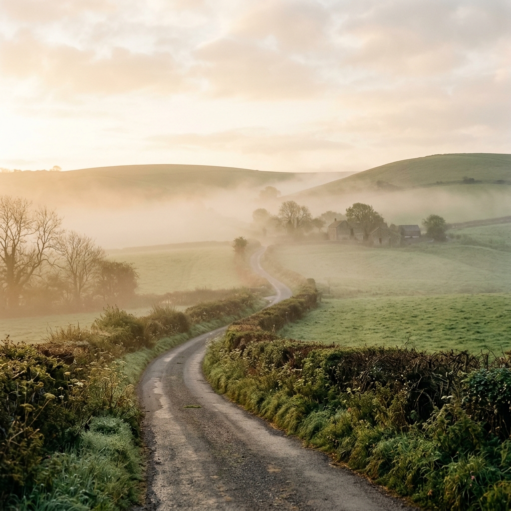 Misty English countryside at morning
