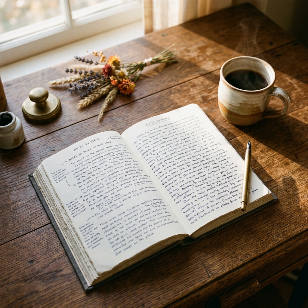A warm writing desk with an open book and morning light